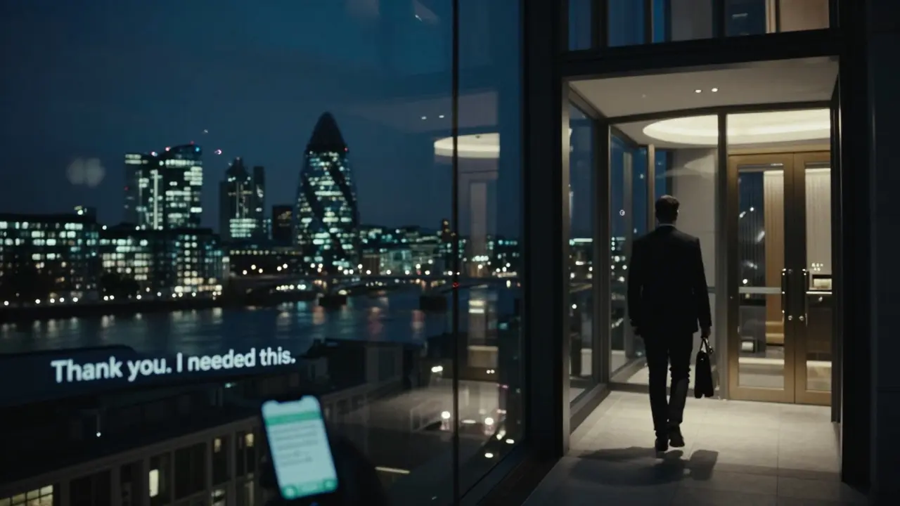 A solitary figure leaving a luxury apartment at night in London, symbolizing discreet companionship services in a bustling city.