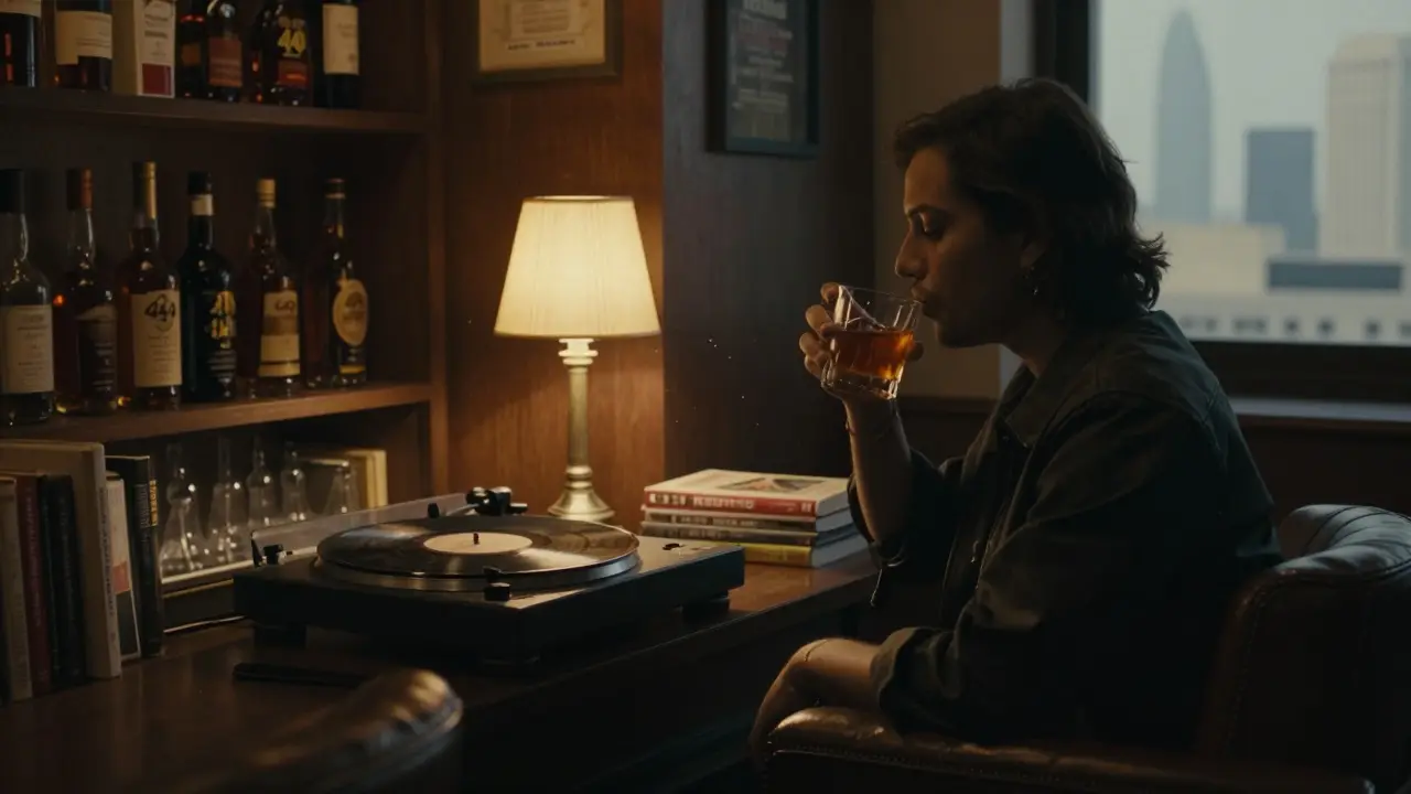 A solitary guest sipping a crafted cocktail in the quiet, book-lined ambiance of Bar 44.