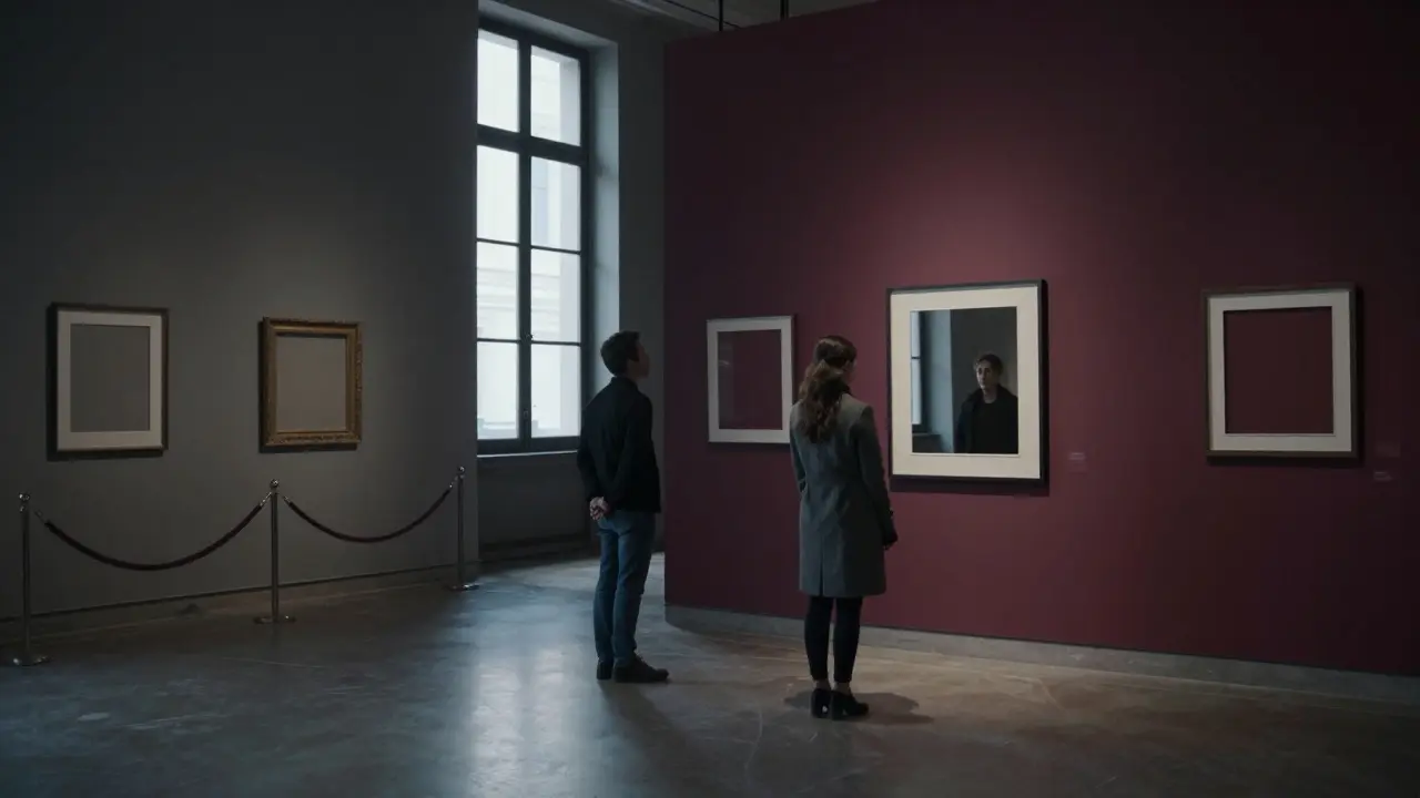 A woman admiring a modern Italian artwork during a private gallery tour at Palazzo Reale.