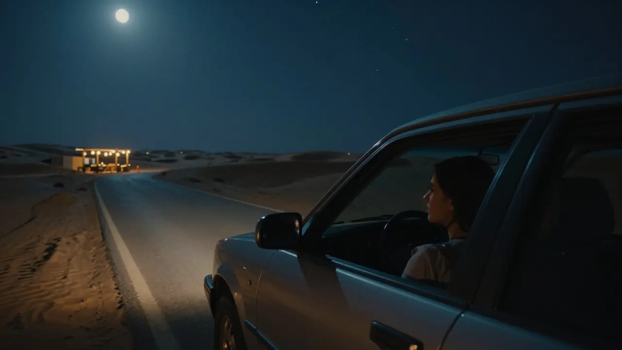 A woman gazes out a car window at a quiet desert road under a star-filled Dubai night sky.