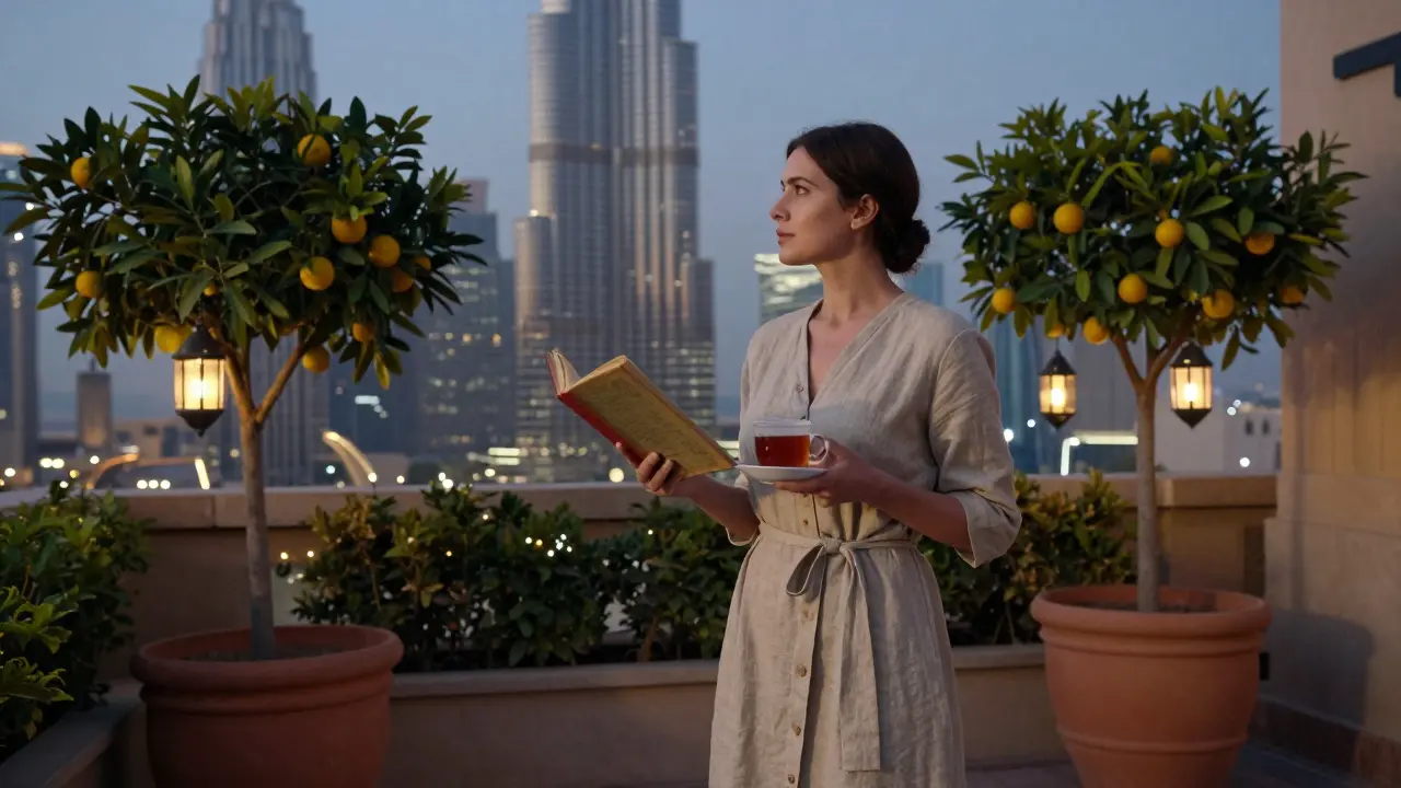 A woman stands on a quiet rooftop garden at twilight, holding tea and a book, Dubai’s skyline glowing softly in the distance.