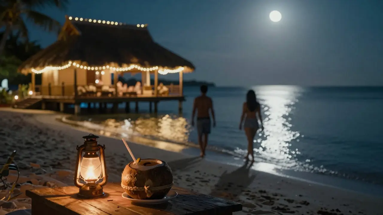 Beachfront bar at night with fairy lights reflecting on calm ocean and barefoot silhouettes.