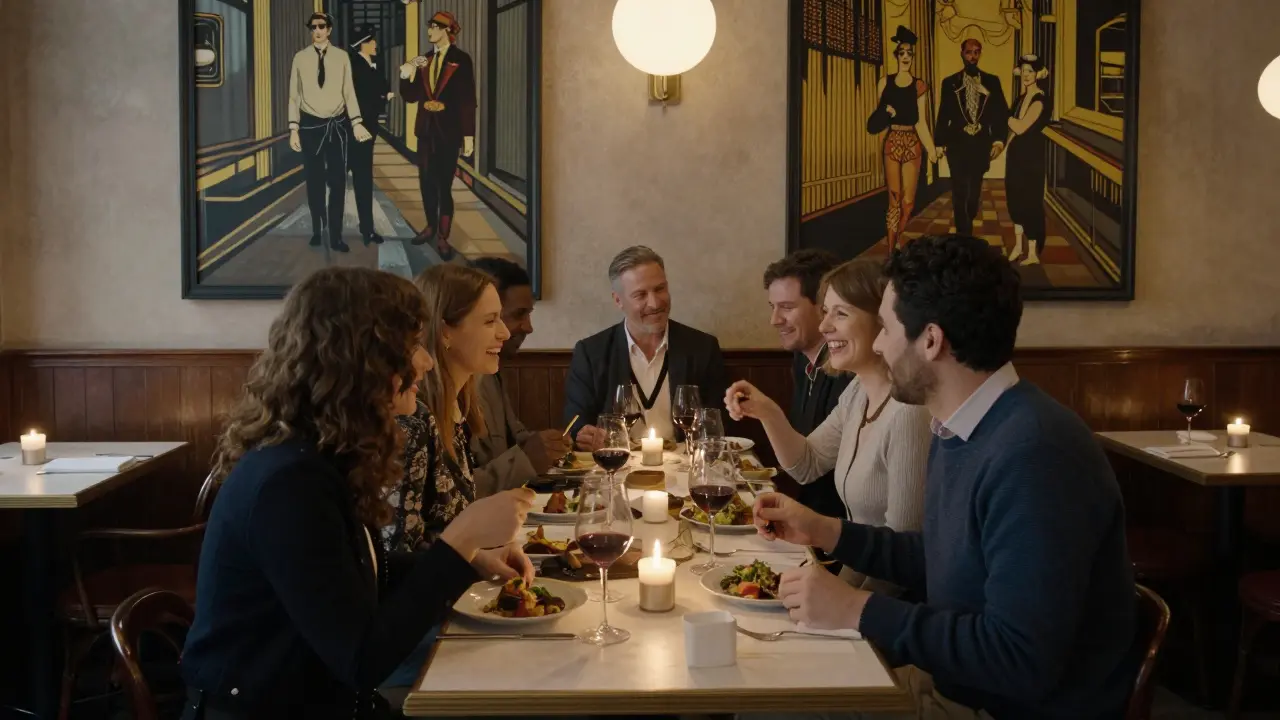 Clients enjoying dinner with an escort at a cozy Berlin restaurant, surrounded by cultural murals.