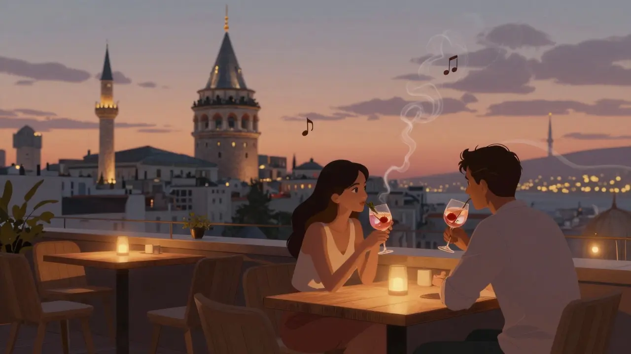 Couples enjoying quiet drinks on a rooftop lounge with minarets glowing in the twilight.