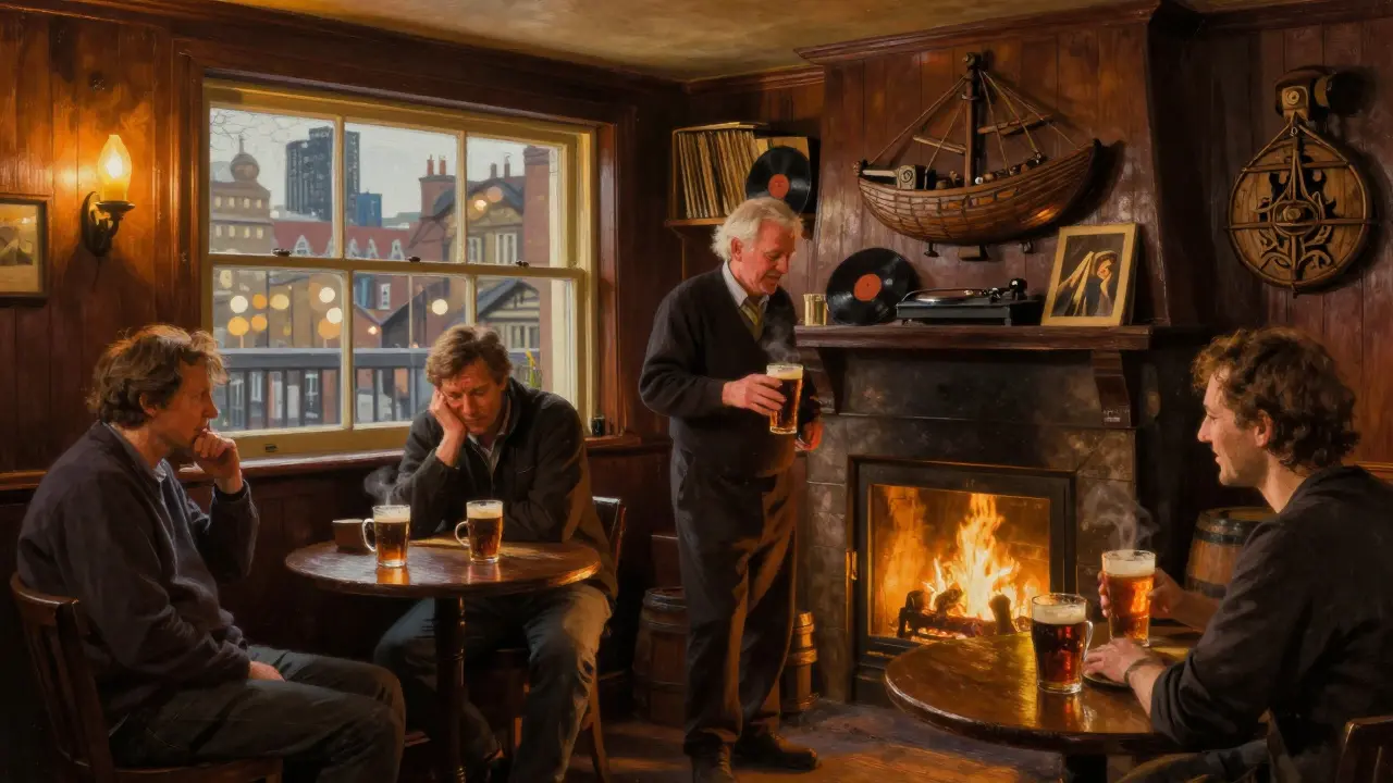 Cozy traditional British pub with patrons laughing by fireplace, ship carvings on wooden walls.