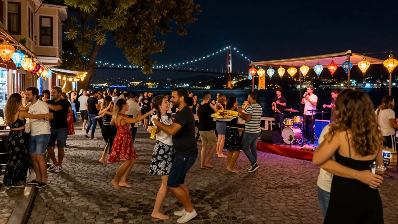 Crowd dancing in Ortaköy Square under string lights with the illuminated Bosphorus Bridge behind them.