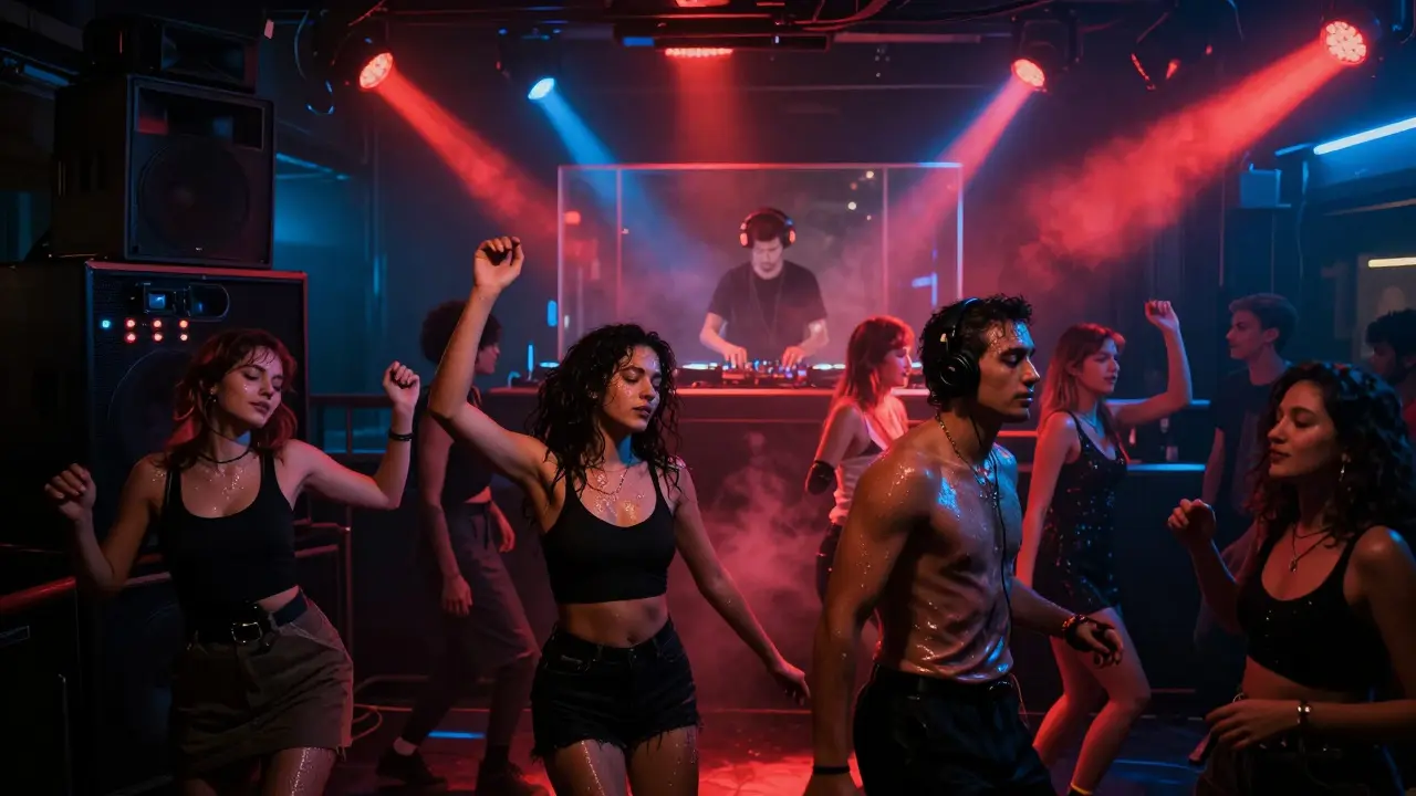 Crowd dancing wildly in a dark nightclub with pulsing lights and a massive sound system.