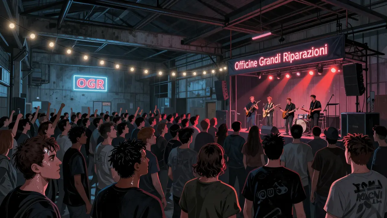 Crowd sways in an industrial Milan warehouse club, live band playing punk, raw energy under string lights.