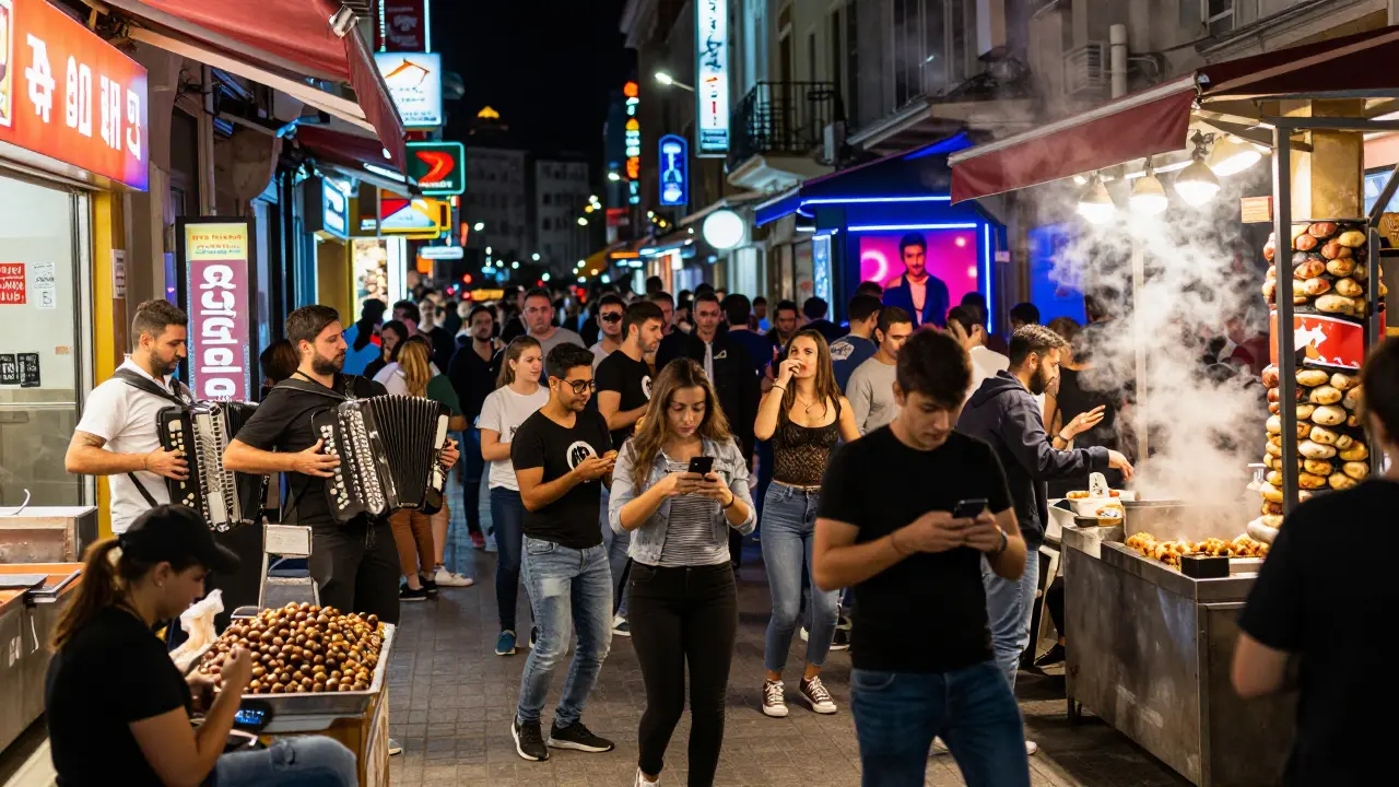 Crowded İstiklal Avenue at night filled with street performers, food stalls, and dancing crowds under neon lights.