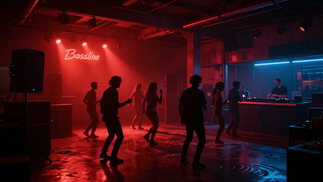 Dancers in a dimly lit warehouse club, immersed in music with bass vibrating the air.