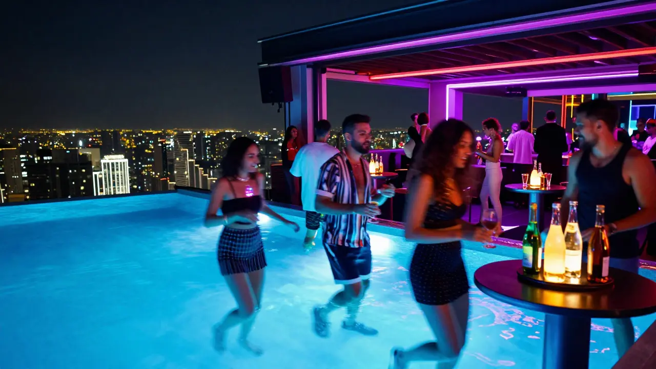 Dancers under neon lights at a rooftop nightclub with infinity pool and skyline.