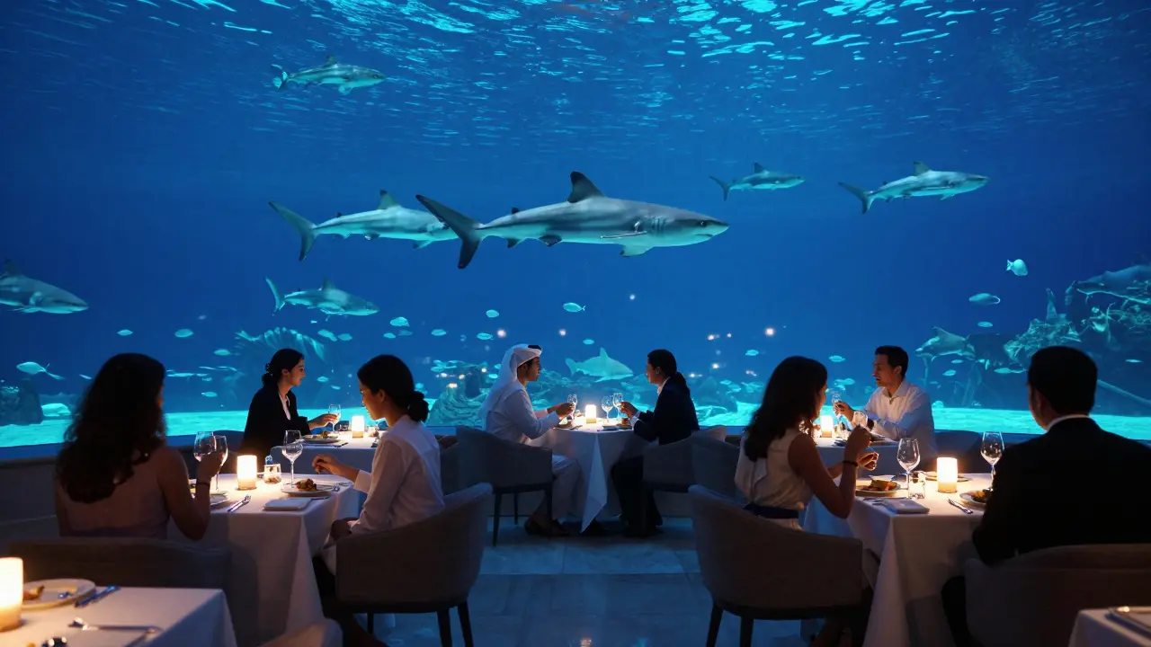 Diners in an underwater restaurant with sharks swimming above them.