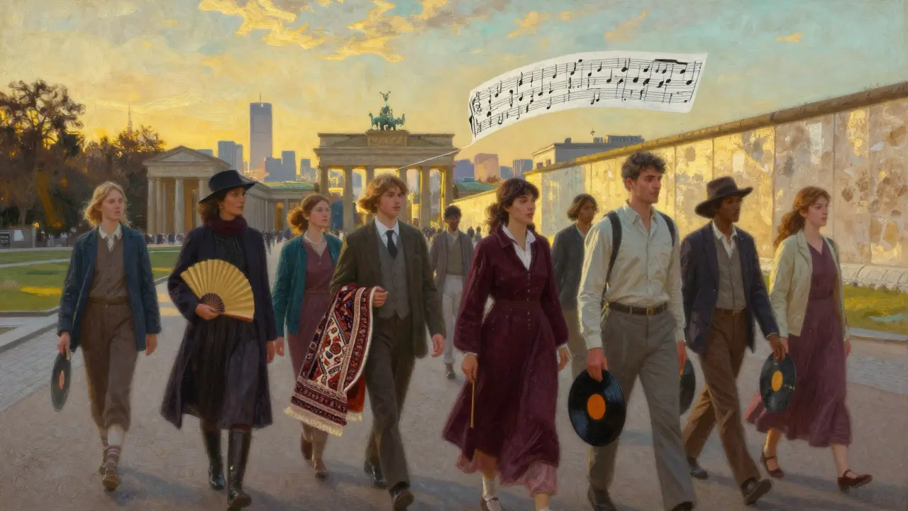 Diverse companions walking through Tiergarten at sunset, each holding a cultural item, Berlin skyline behind.