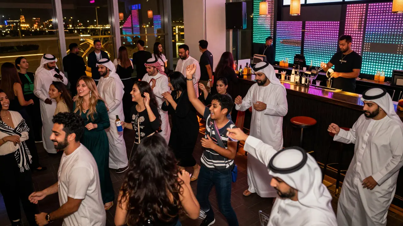 Diverse crowd dancing under colorful LED lights in The District nightclub at midnight.