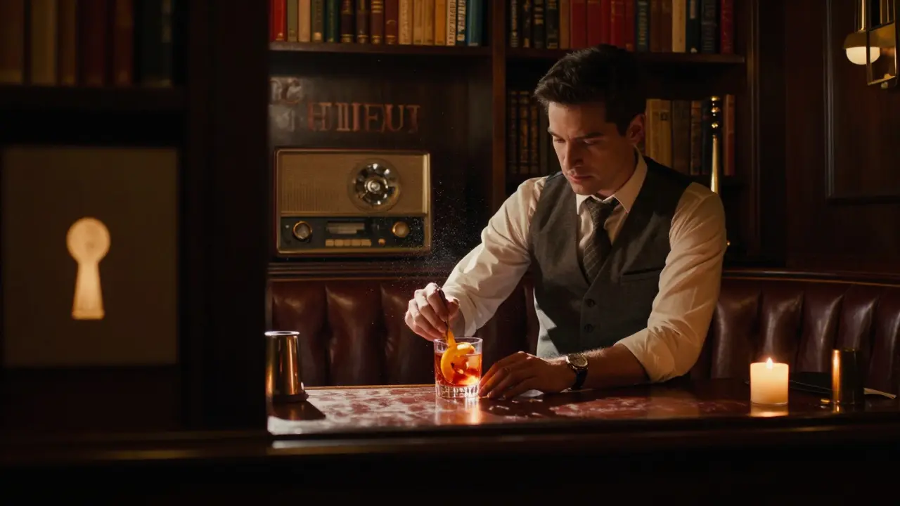 Hidden speakeasy lounge with candlelight, bartender mixing a cocktail behind a bookshelf entrance.