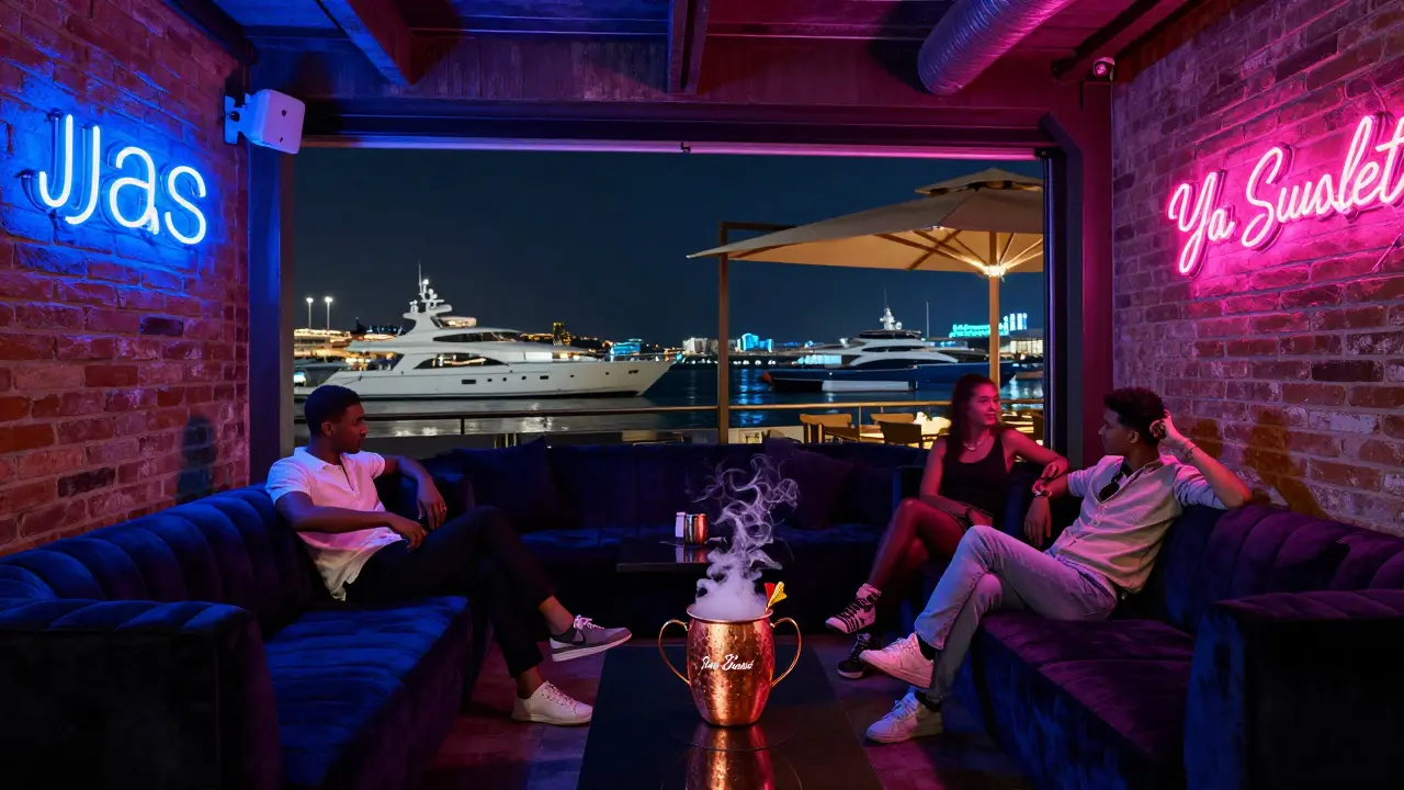 Industrial lounge with neon lights and smoky cocktail overlooking illuminated yachts.