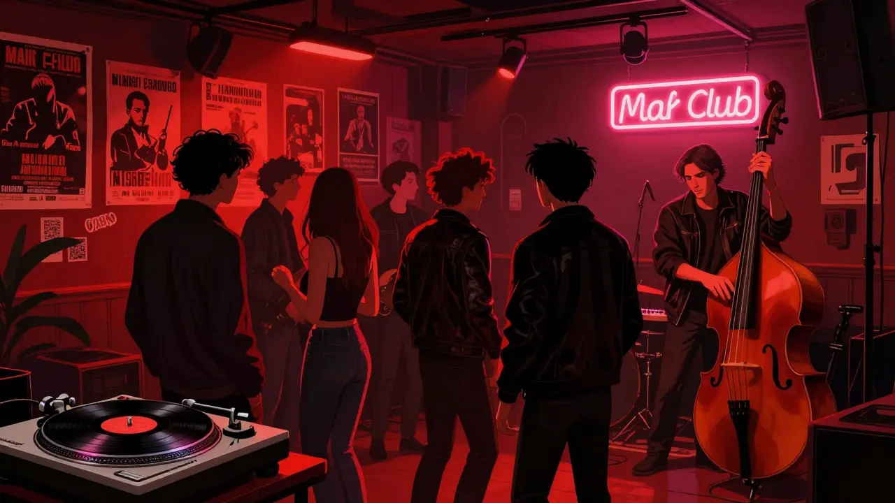 Intimate club interior with vinyl spinning and a live bassist under dim red lights, crowd swaying close.