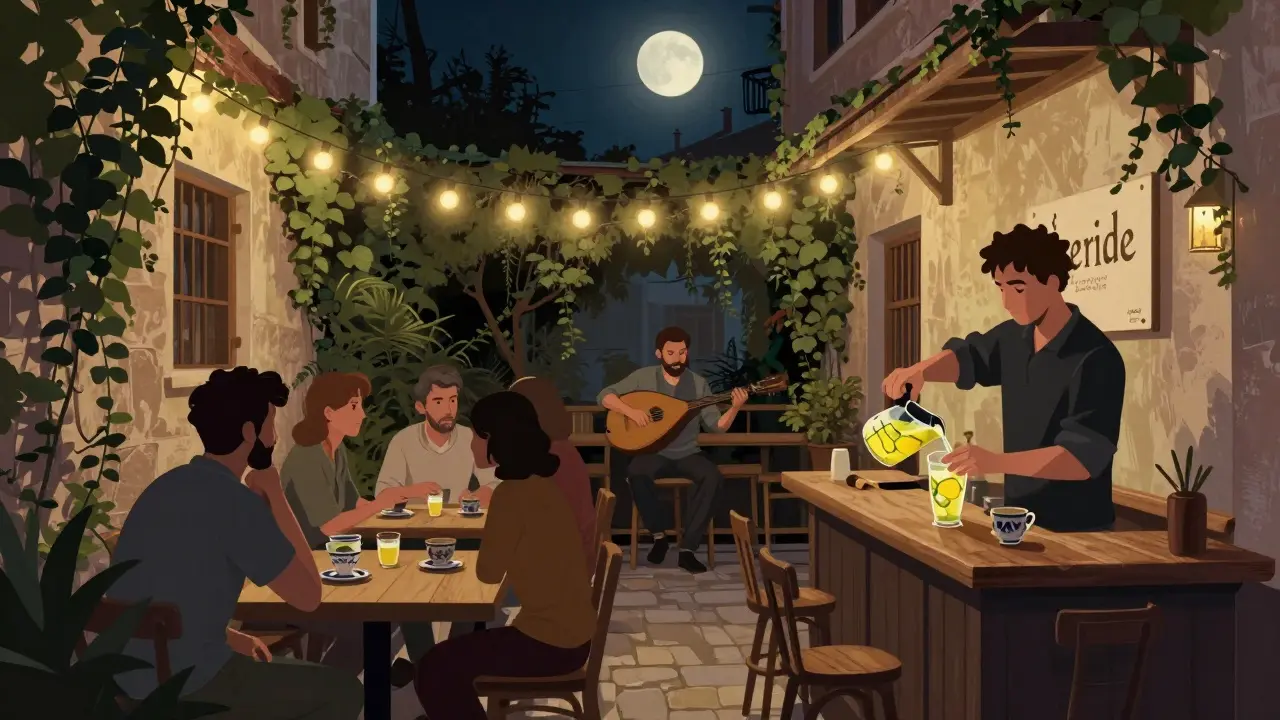 Intimate courtyard bar in Beşiktaş with an oud player performing under string lights for quiet locals.