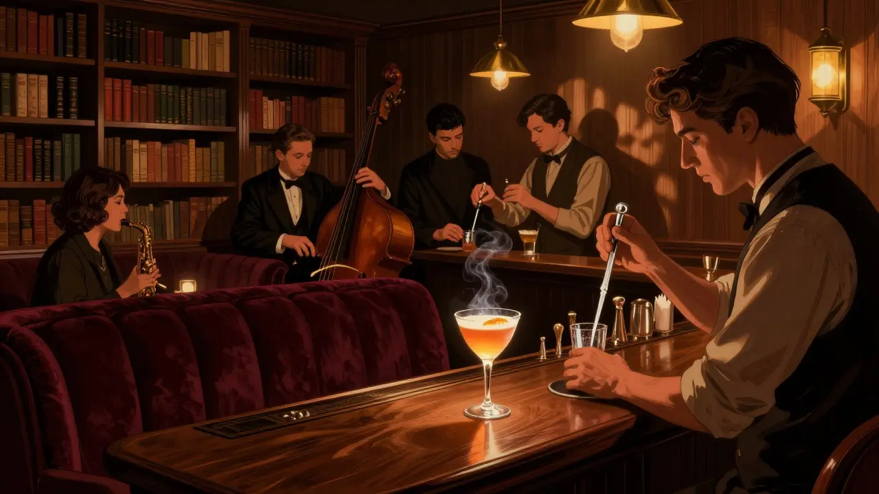 Intimate speakeasy with jazz musicians playing, patrons sipping cocktails in velvet seating.