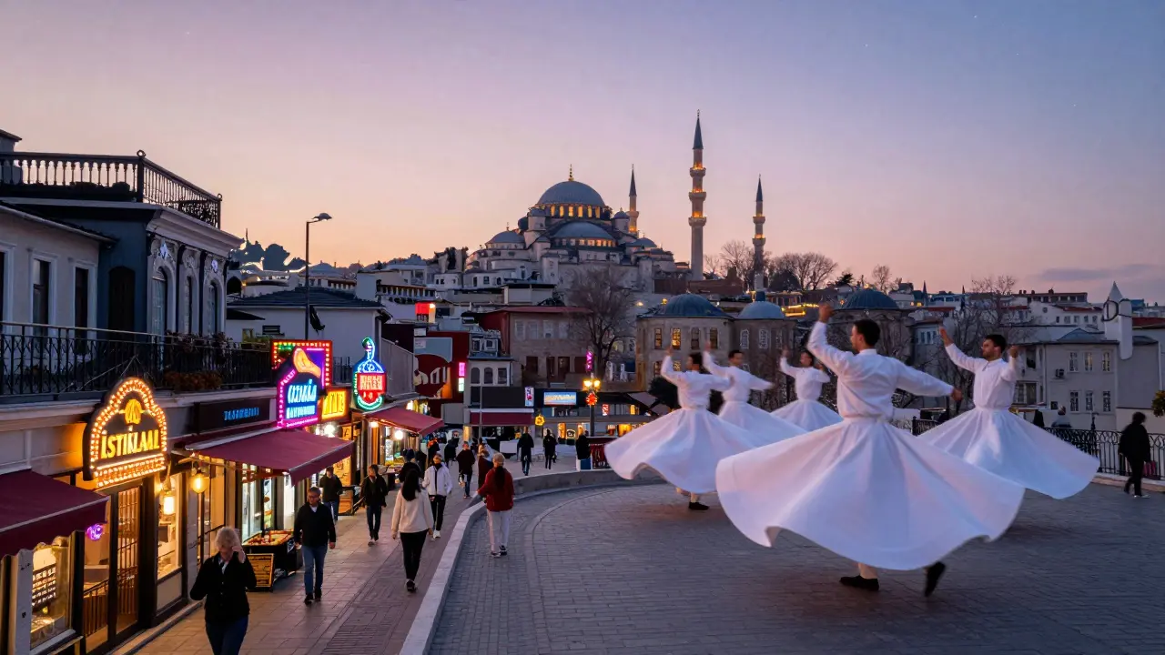 Istanbul’s nightlife at dawn blending rooftop bars, neon streets, and whirling dervishes under a soft sunrise sky.