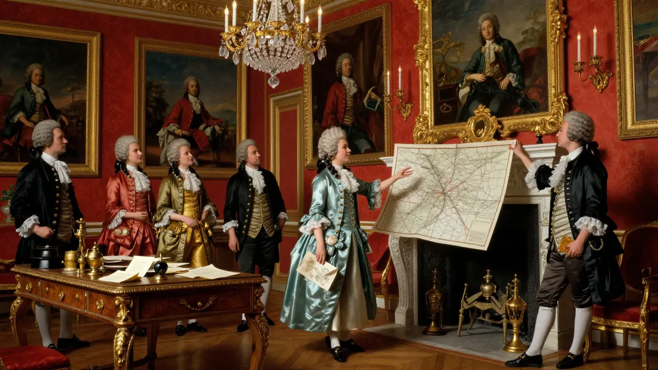 Madame de Pompadour addresses aristocrats in her lavish salon, surrounded by art and diplomatic documents, exuding political influence.