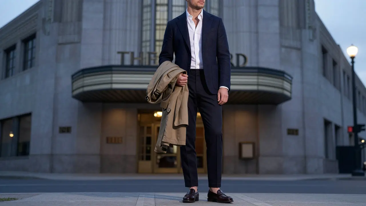 Man in navy blazer and dark chinos standing outside The Ned, holding a trench coat, in twilight lighting.