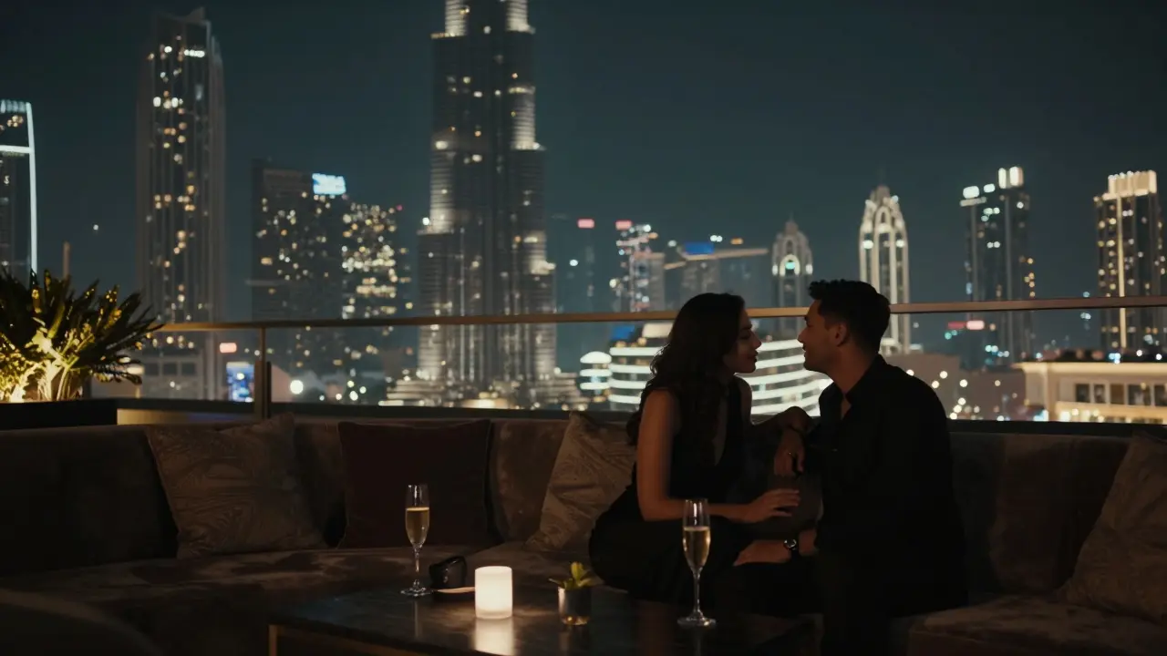 Silhouettes of a couple on a rooftop lounge at night, framed by the glowing Burj Khalifa and soft city lights.