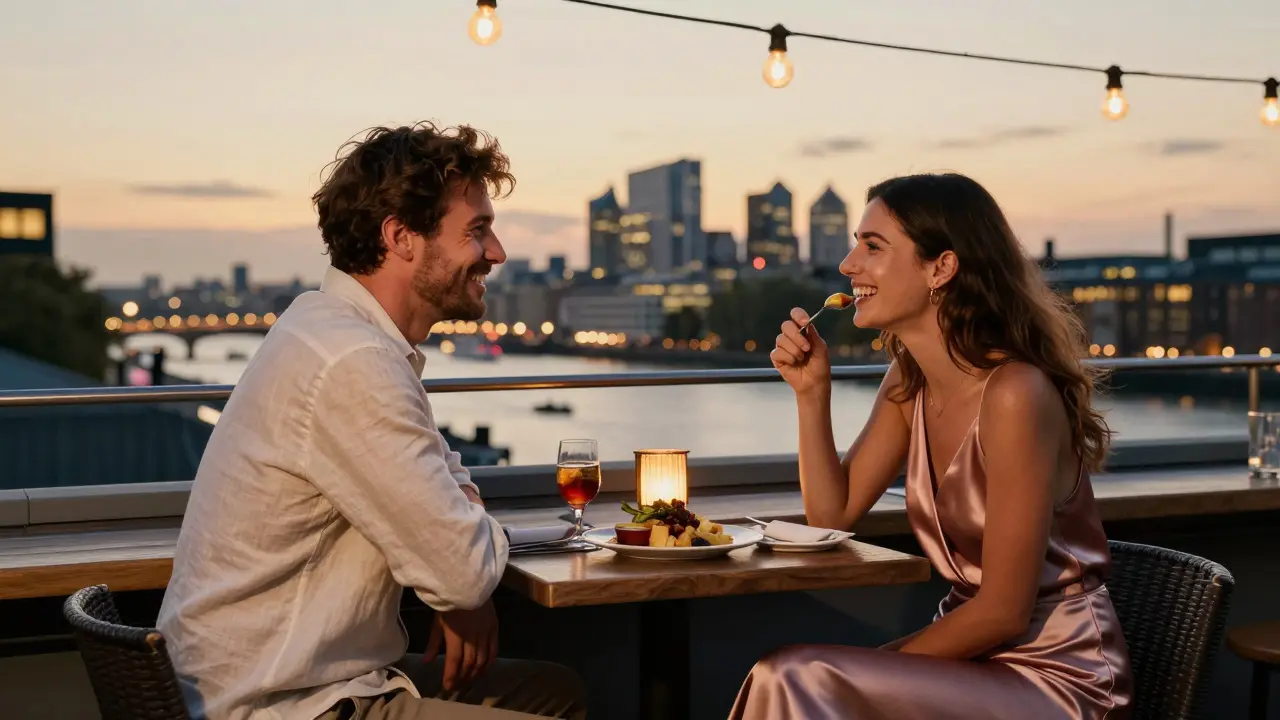 Two people laughing softly at a rooftop bar in London, city lights glowing behind them, respectful distance maintained.