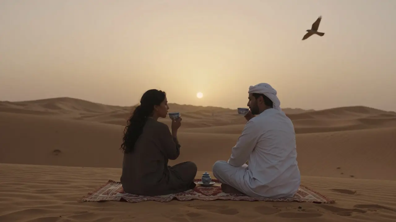 Two people sitting peacefully on a desert dune at sunset, sipping coffee under a golden sky.