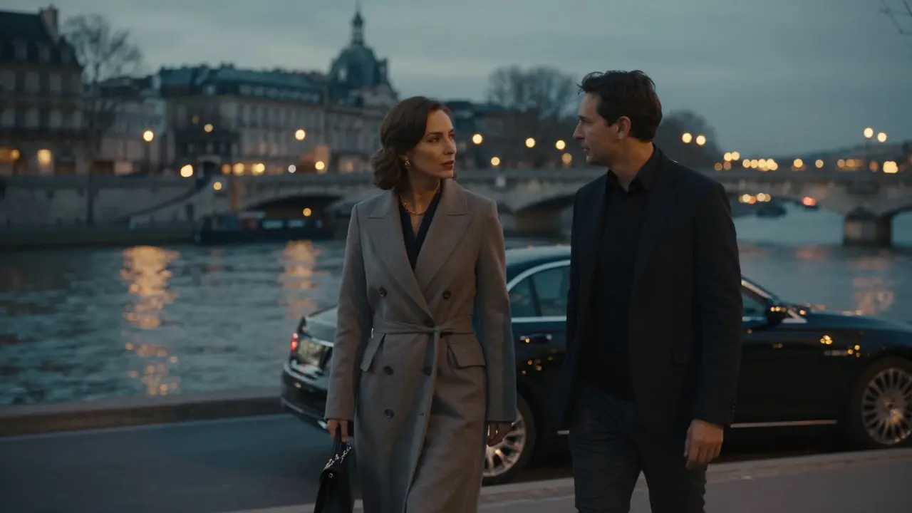 Two people walk peacefully along the Seine at dusk, the city glowing behind them in quiet discretion.