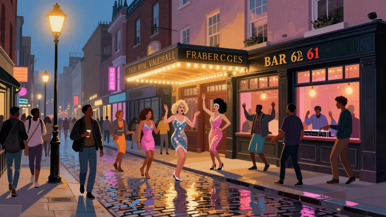 Vibrant SoHo street at midnight with drag performers and diverse crowds under glowing marquee signs.