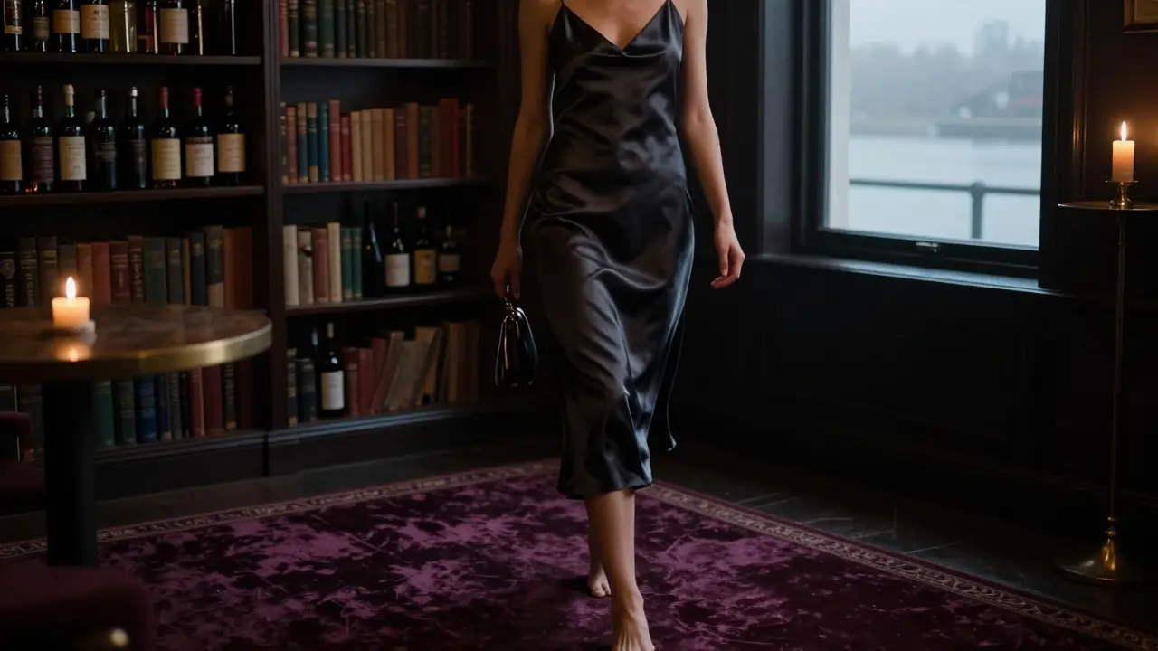 Woman barefoot in a charcoal silk dress walking through a dim speakeasy, holding a small clutch.